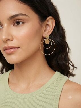 Gold Tone Concentric Hoop Drop Earrings